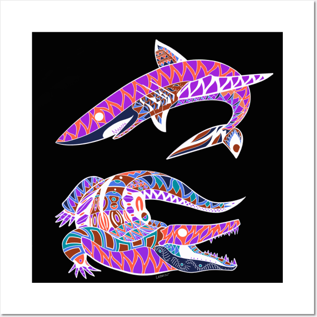 shark and alligator ecopop art tiburon and cocodrilo Wall Art by jorge_lebeau